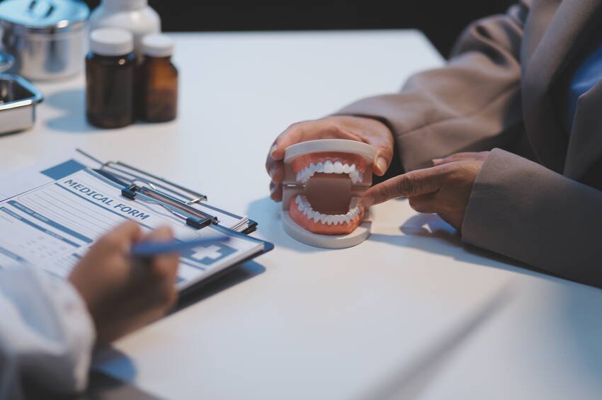 Dentist and patient discussion about planned dental treatment in dental clinic office, doctors talk and work. health care talk medical conference concept